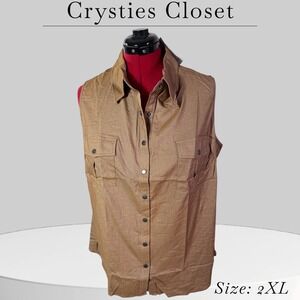 LuLaRoe Roxanne Sleeveless‎ Button Up Vest Top Shirt Tan 2XL